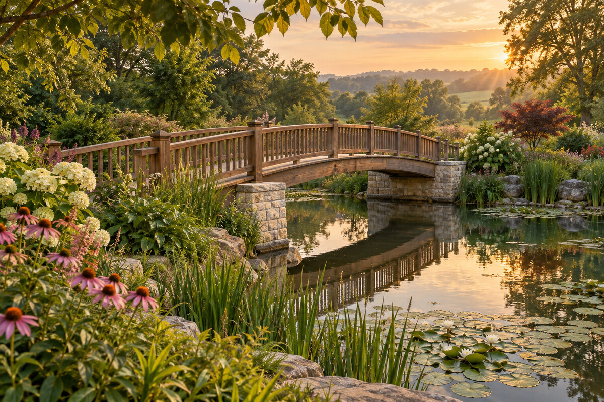 Painterly botanical garden bridge and lake path at the Creation Museum