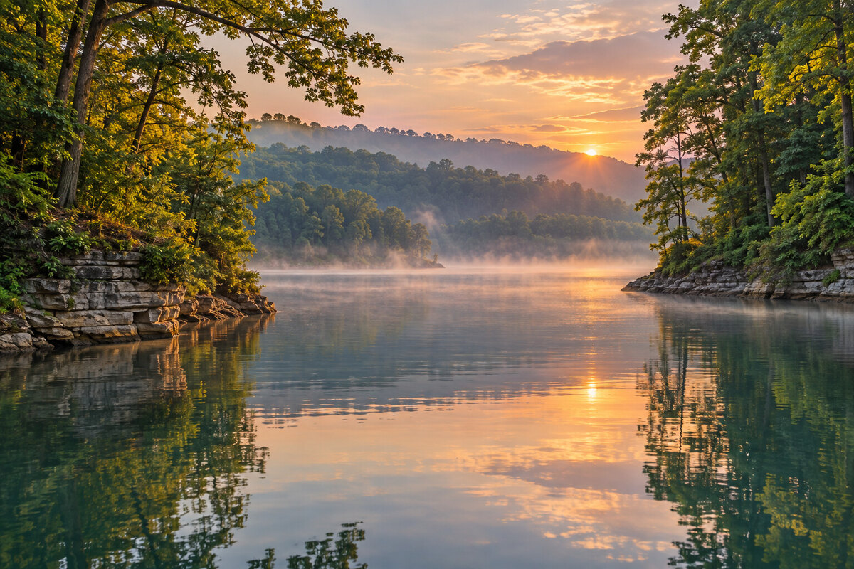 Painterly wooded coves and calm water on Williamstown Lake