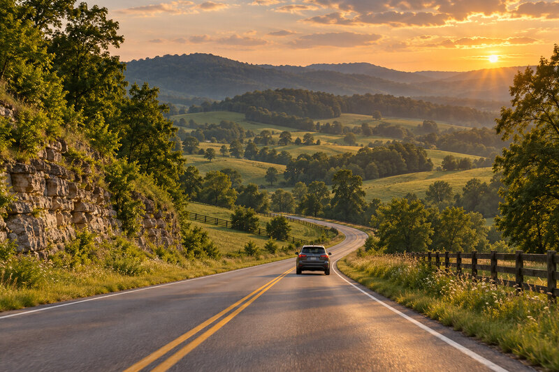 Painterly northern Kentucky road through rolling hills between Williamstown and Petersburg