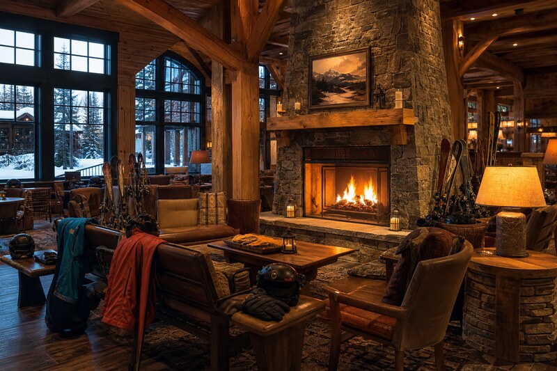Cozy Winter Park lodge lounge with a fireplace