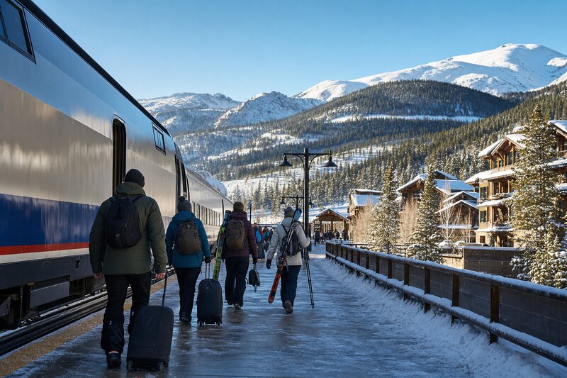Contextual illustration of a winter train arrival with skis and luggage