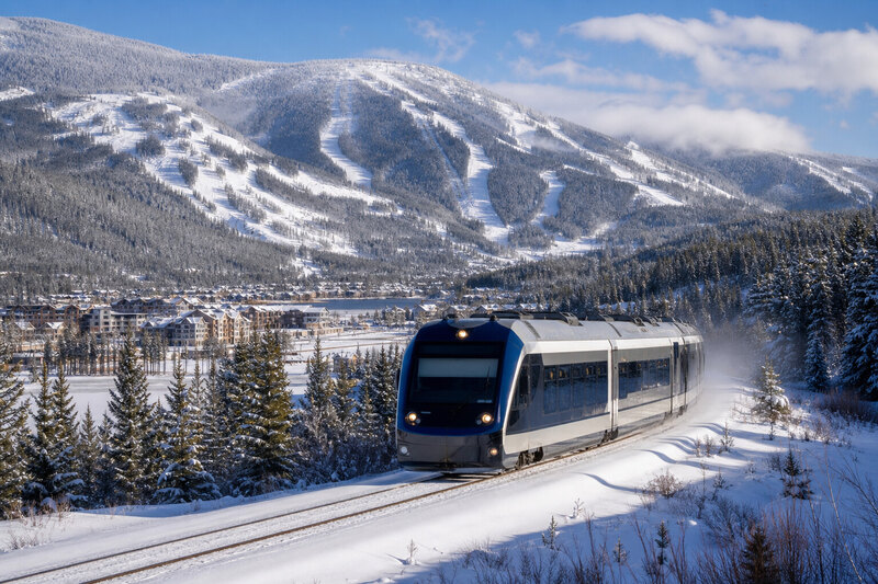 Winter Park Express train heading into snowy mountains