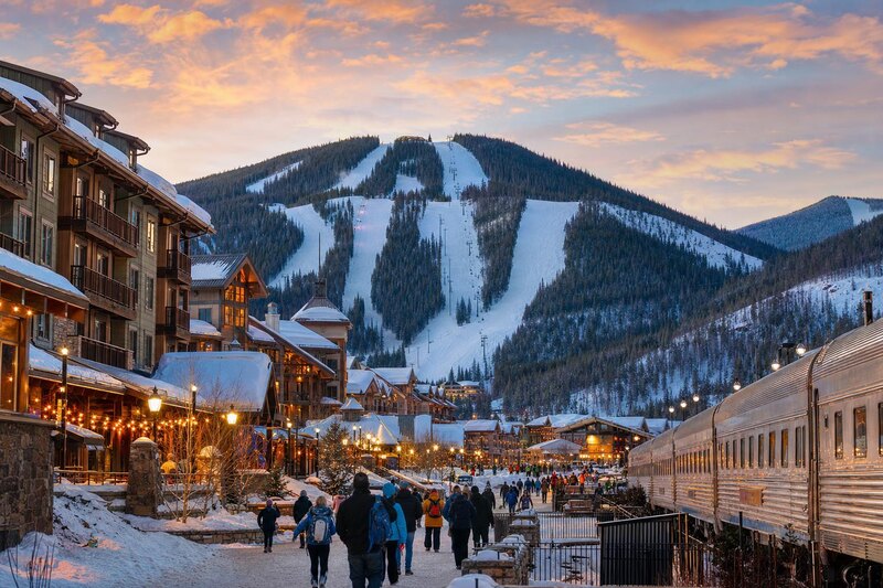 Winter Park village and pedestrian mountain-town scene