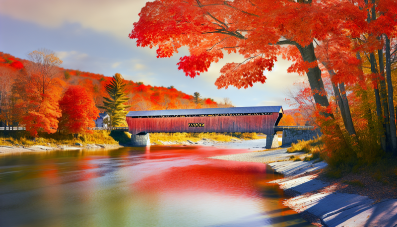 Middle covered bridge in fall, Woodstock Vermont
