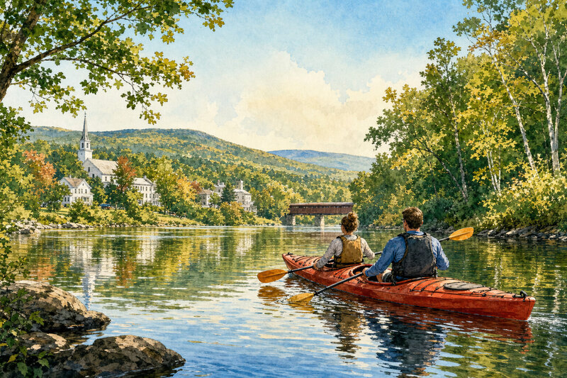 Illustrated kayaking scene on the Ottauquechee River