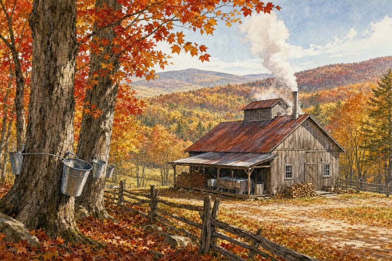 Illustrated maple-sugaring scene in Vermont