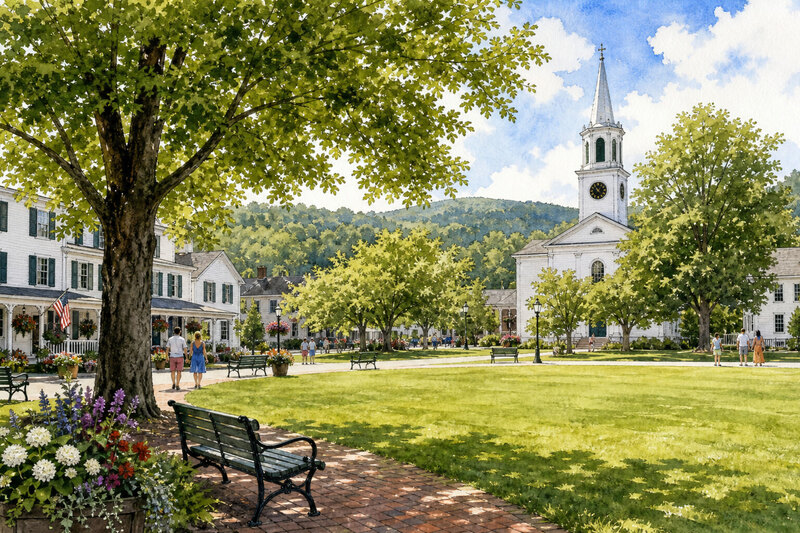 Illustrated summer view across Woodstock's Village Green