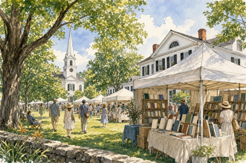 Illustrated outdoor book fair on a Vermont village green