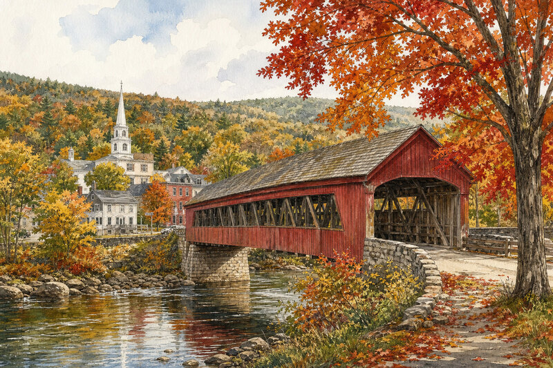 Middle covered bridge in fall, Woodstock Vermont