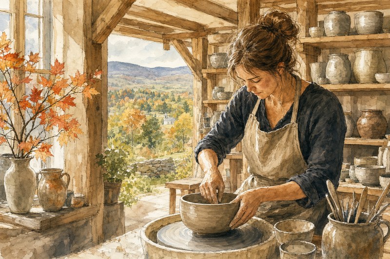 Illustrated pottery studio in the hills near Woodstock