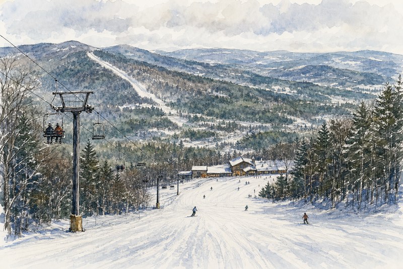 Illustrated small Vermont ski hill near Woodstock