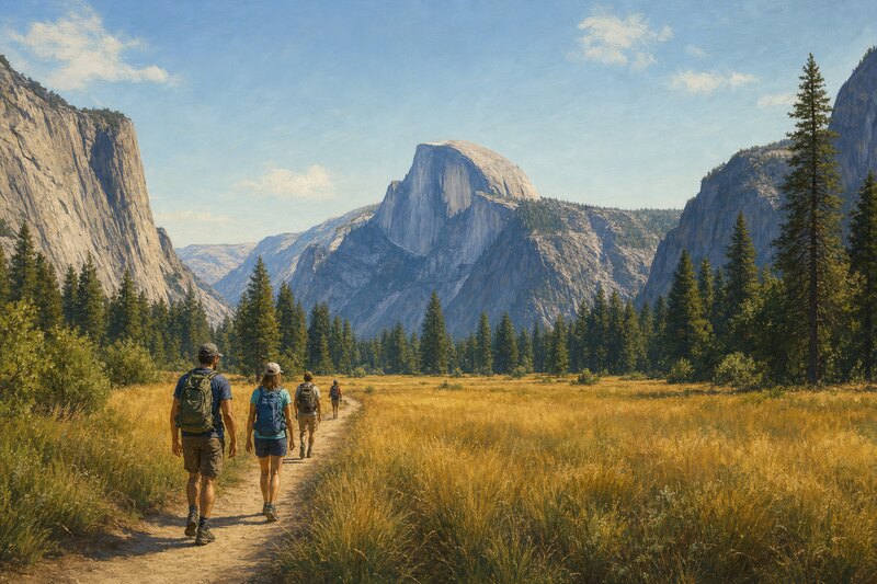 Travelers walking a Yosemite Valley meadow path toward Half Dome