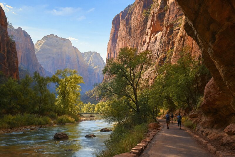 Contextual illustration of the paved Riverside Walk beside the Virgin River